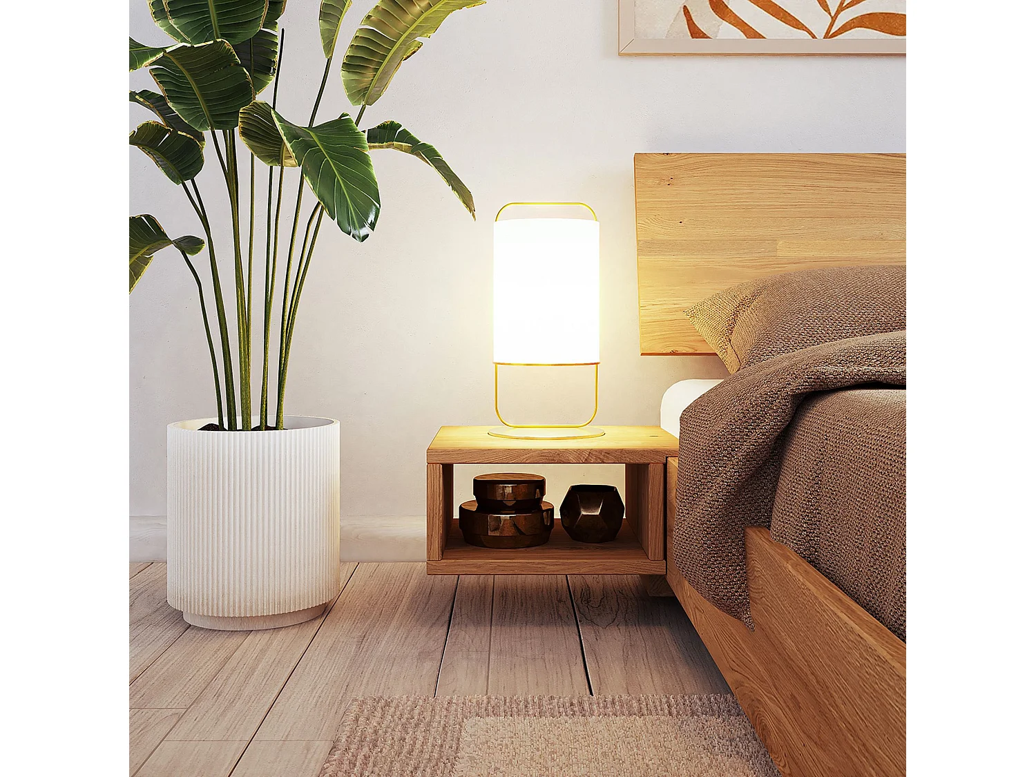 Lit 160x200 avec tête de lit intégrée et 2 chevets en chêne massif clair - LT36007