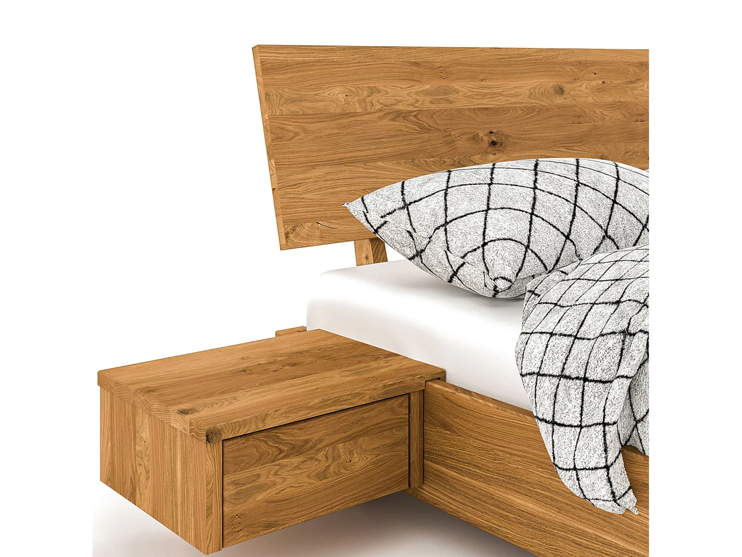 Lit 160x200 avec tête de lit intégrée et 2 chevets en chêne massif clair - LT36007