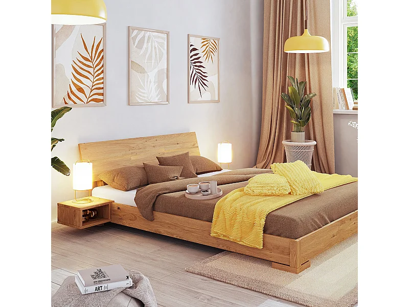 Lit 160x200 avec tête de lit intégrée et 2 chevets en chêne massif clair - LT36007