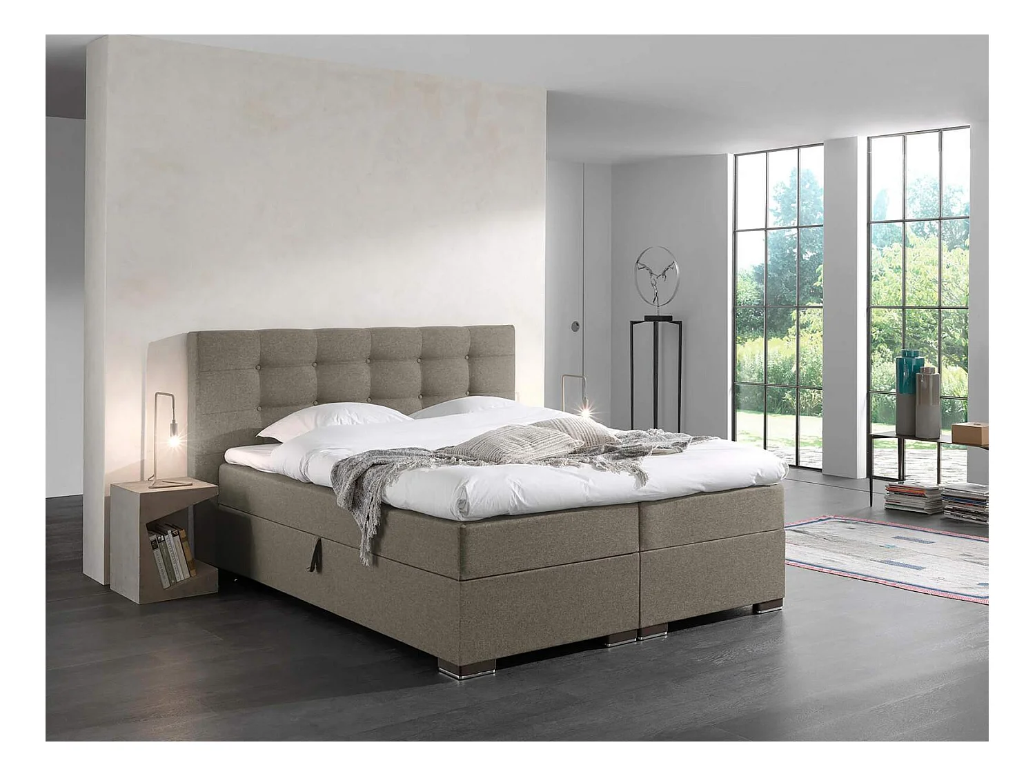 lit à sommier tapissier malaga 160x200cm - taupe - avec surmatelas 4cm d'épaisseur