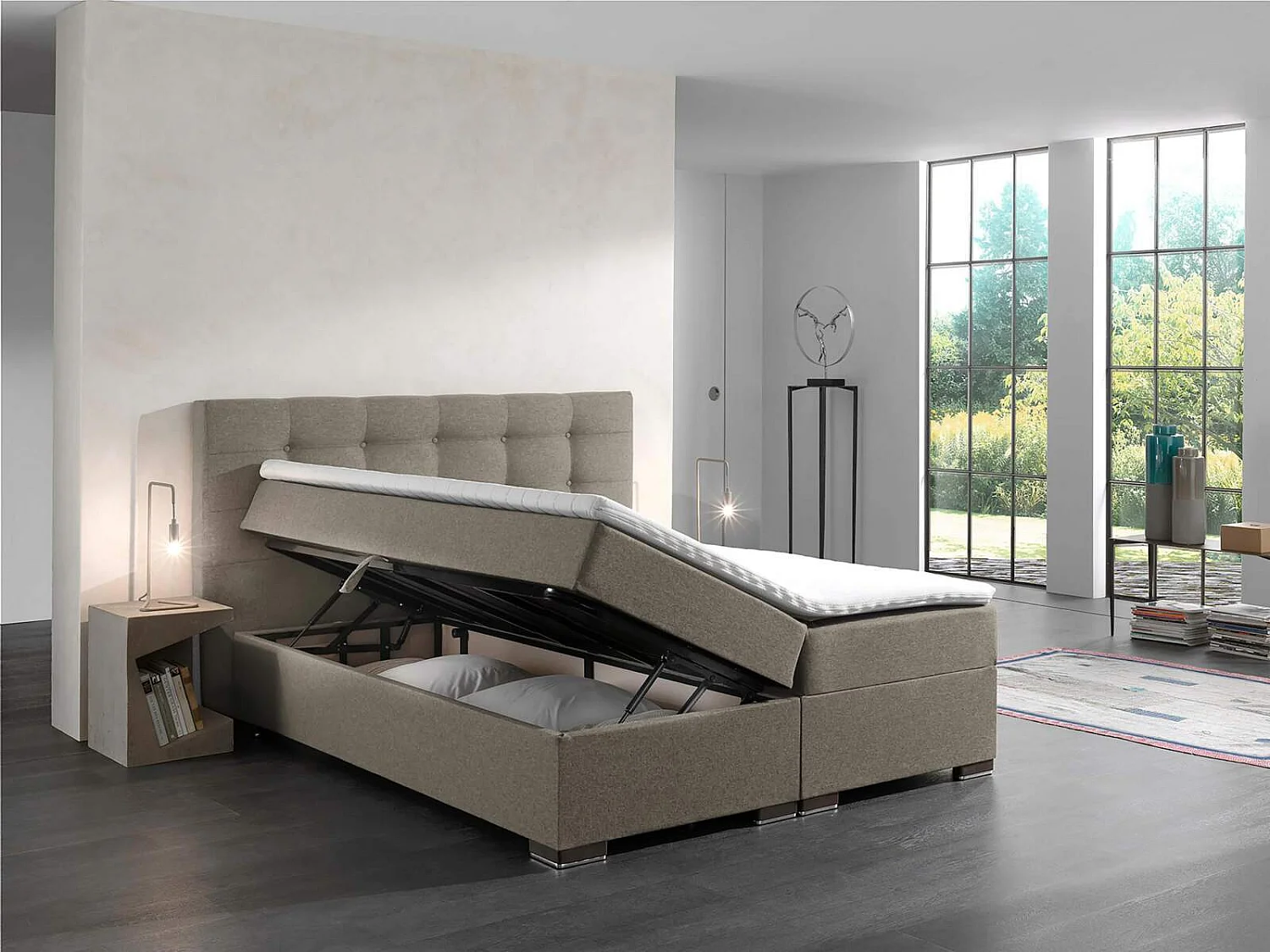 lit à sommier tapissier malaga 160x200cm - taupe - avec surmatelas 4cm d'épaisseur