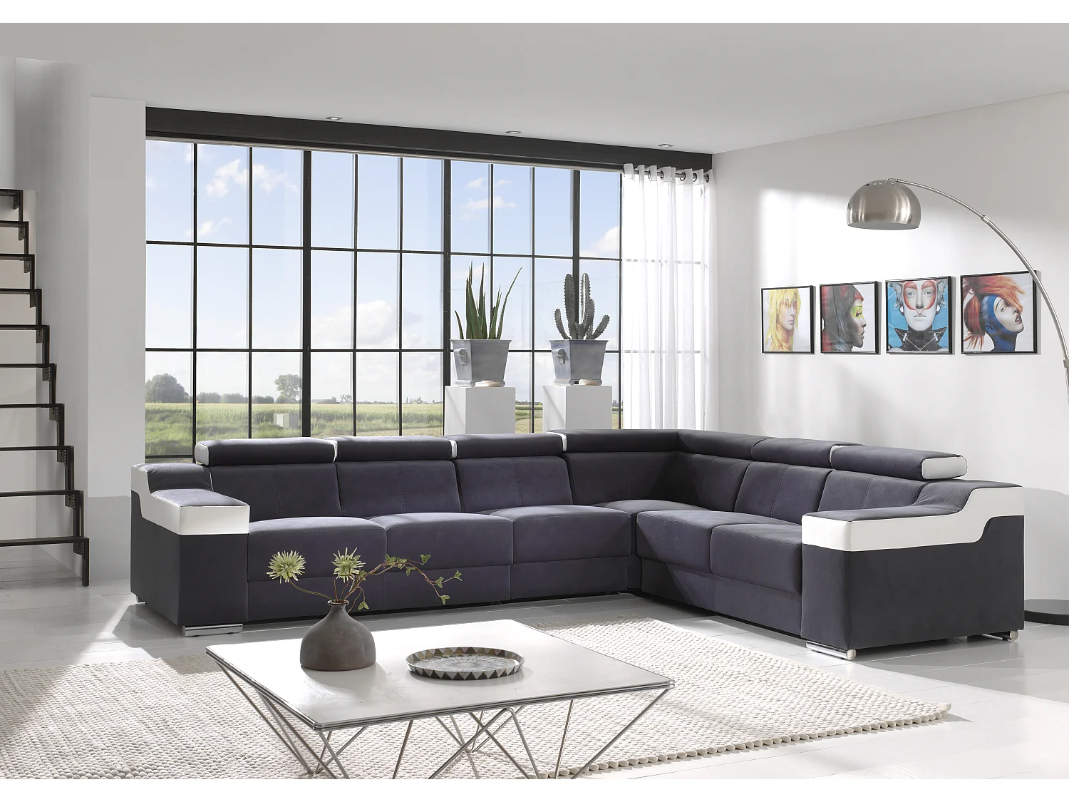 Canapé d'angle en velours bleu galaxie et blanc