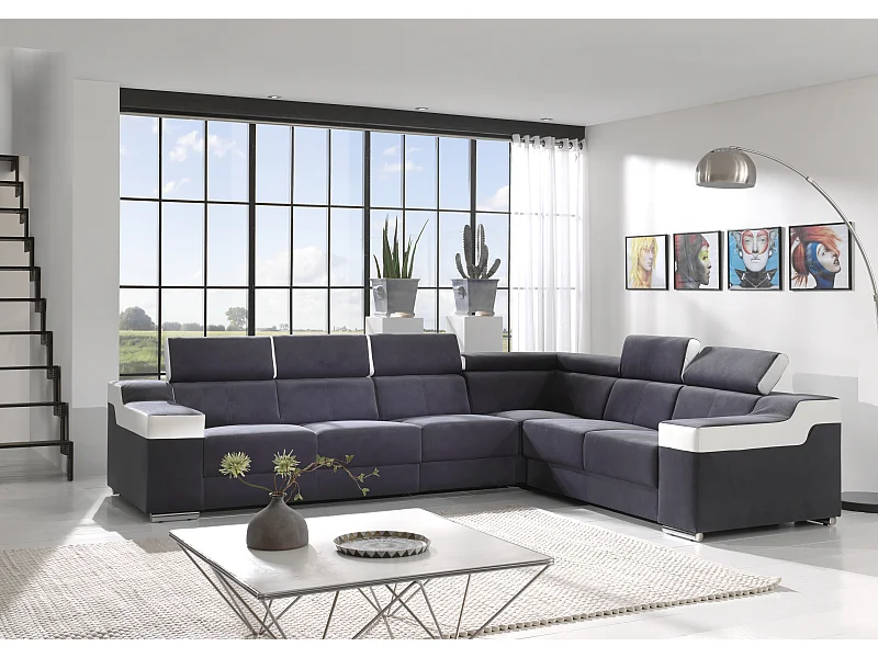 Canapé d'angle en velours bleu galaxie et blanc