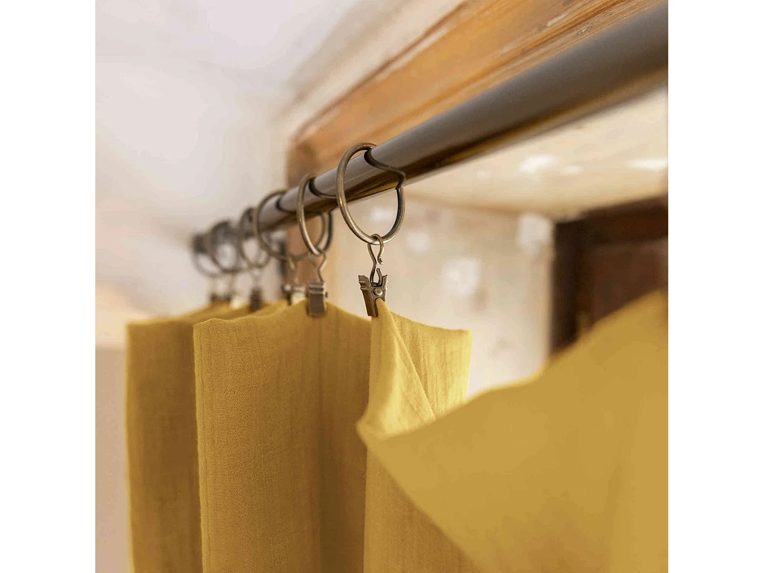 Lot de 2 rideaux gaze de coton ajustables 140x300 cm jaune