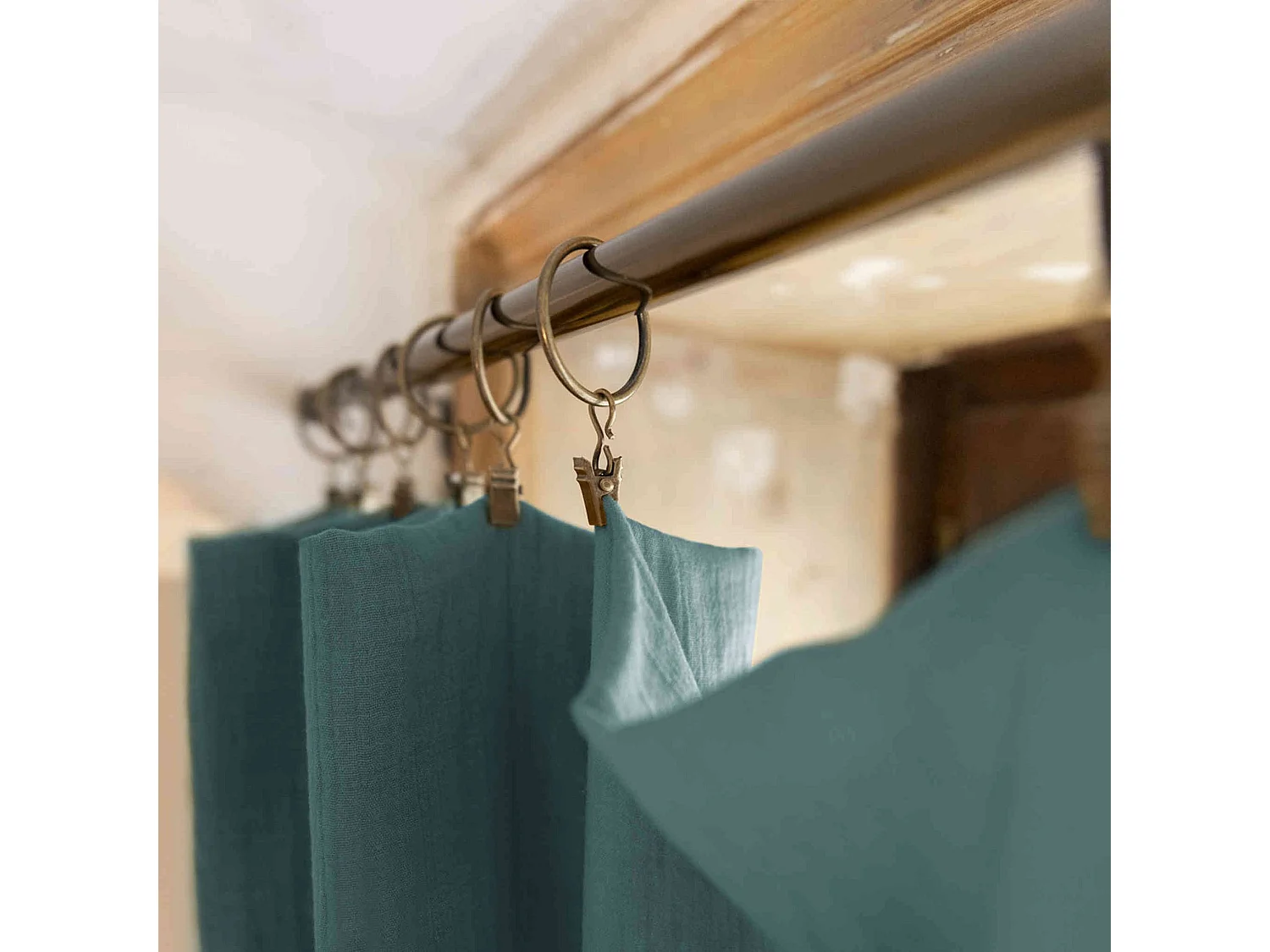 Lot de 2 rideaux gaze de coton ajustables 140x300 cm bleu canard