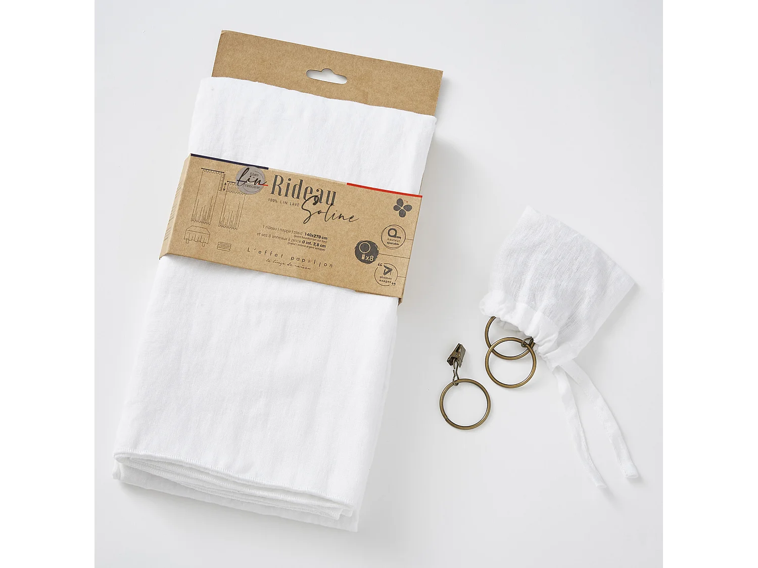 Rideau à pinces ajustable lin 140x270 cm blanc