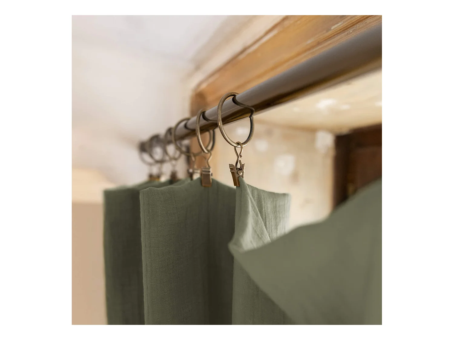 Lot de 2 rideaux gaze de coton ajustables 140x300 cm kaki