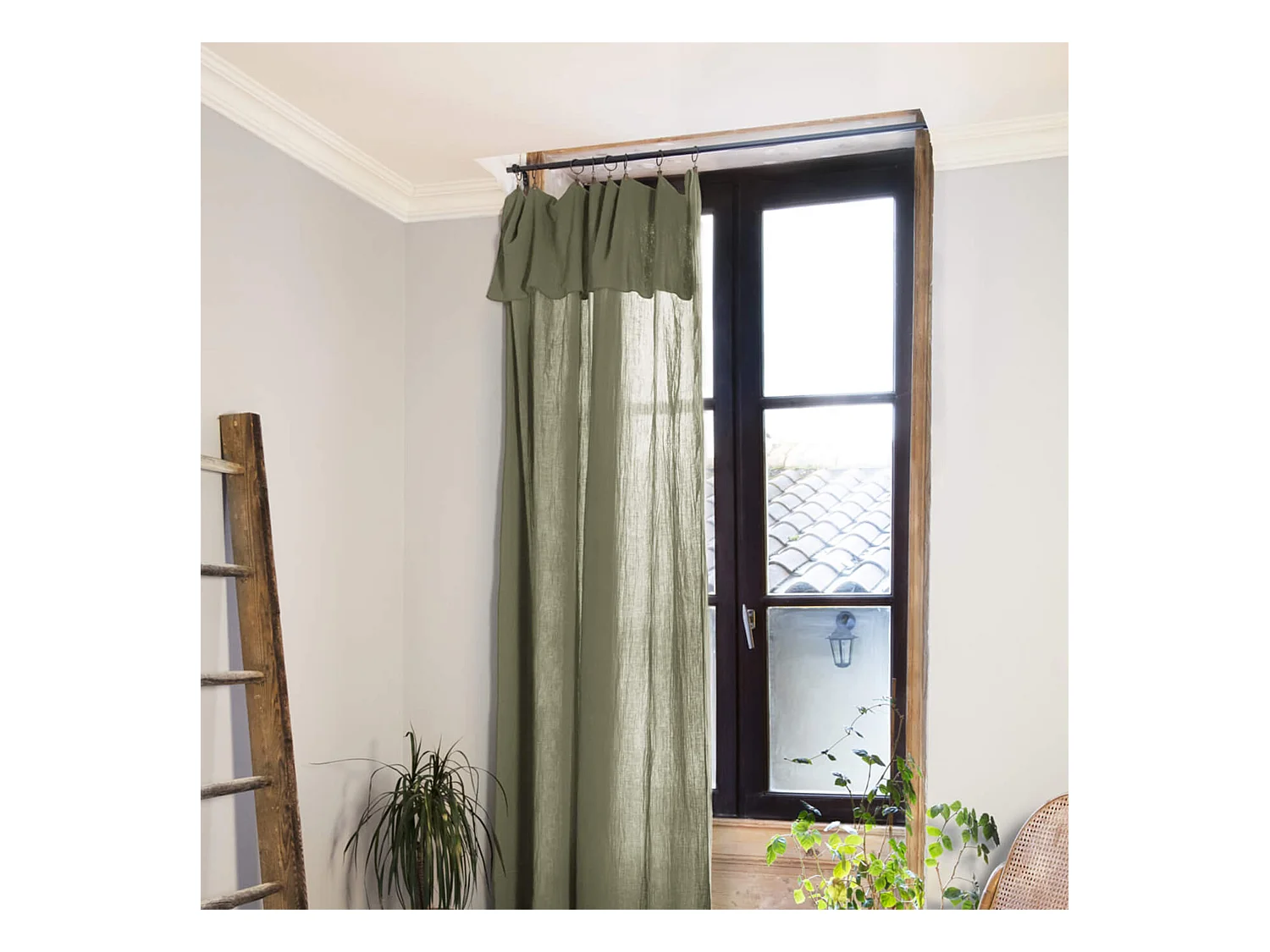 Lot de 2 rideaux gaze de coton ajustables 140x300 cm kaki