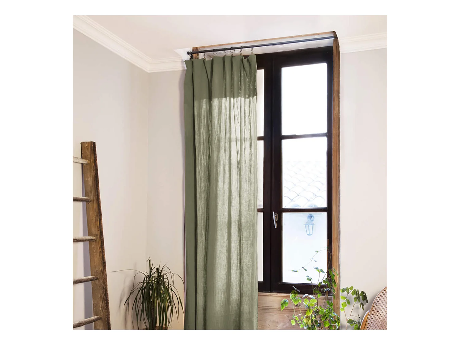 Lot de 2 rideaux gaze de coton ajustables 140x300 cm kaki