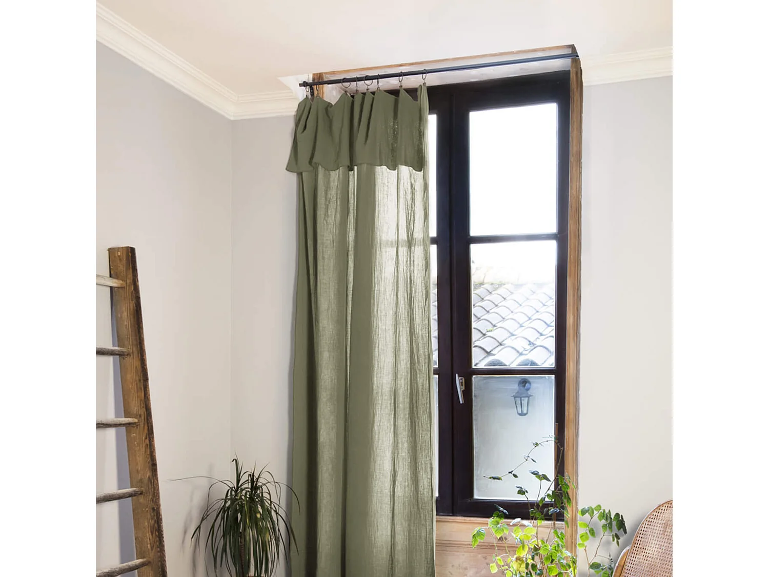 Lot de 2 rideaux gaze de coton ajustables 140x300 cm kaki