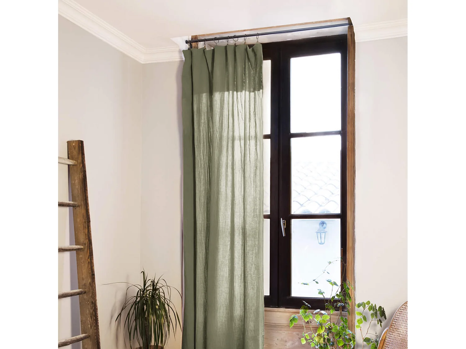 Lot de 2 rideaux gaze de coton ajustables 140x300 cm kaki