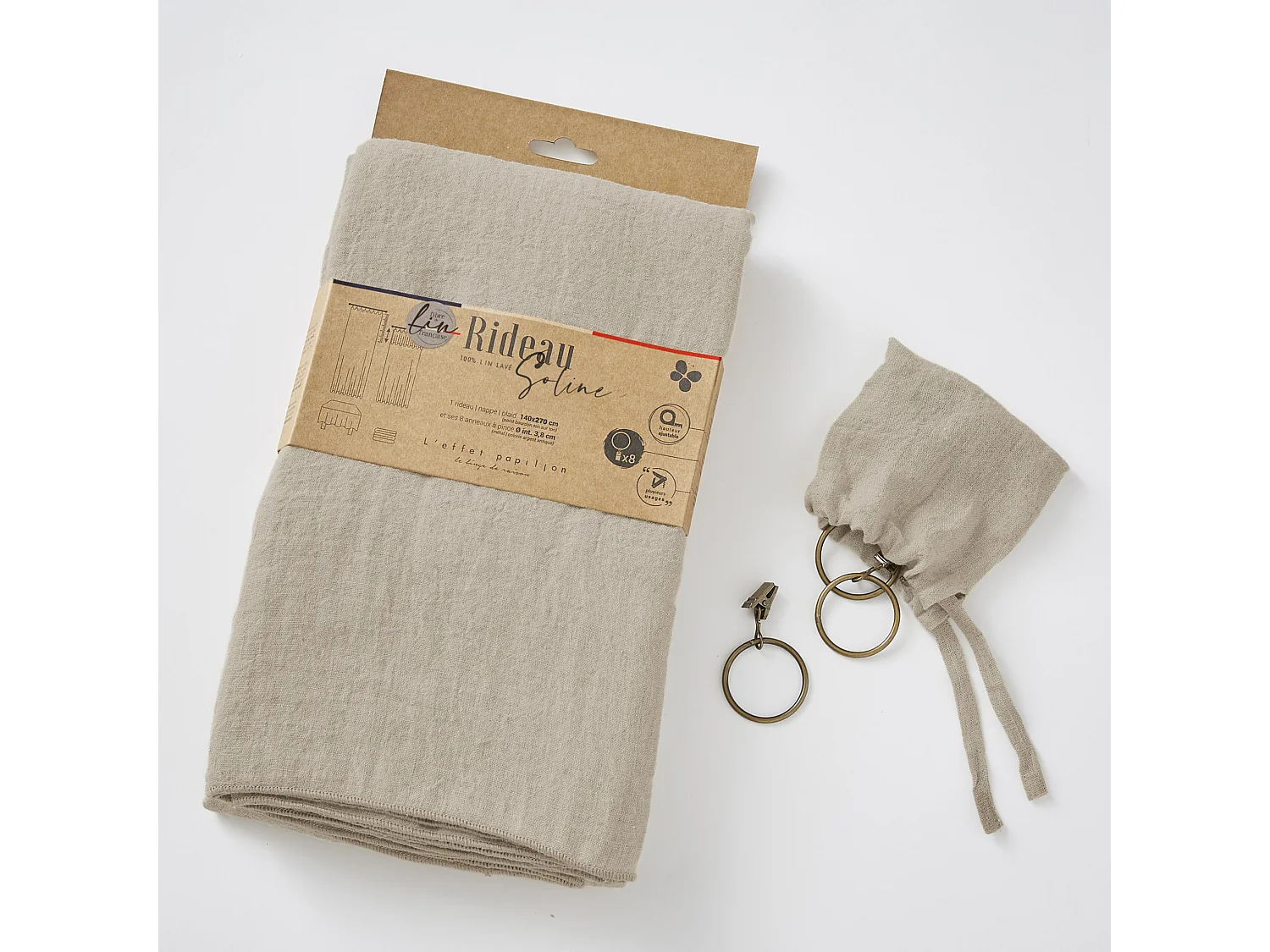 Rideau à pinces ajustable lin 140x270 cm beige