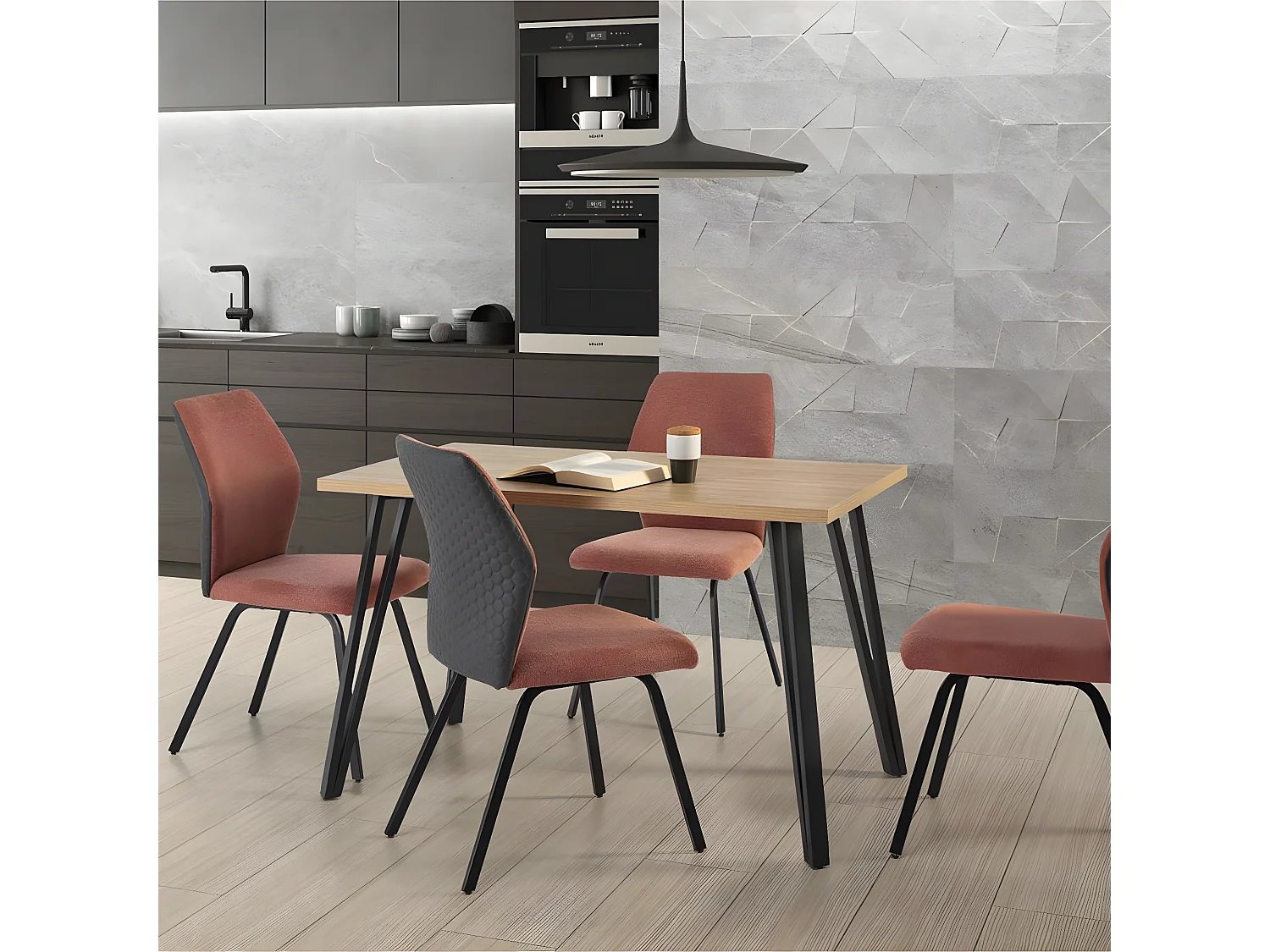 Lot de 4 chaises en tissu orange corail et simili - Garance