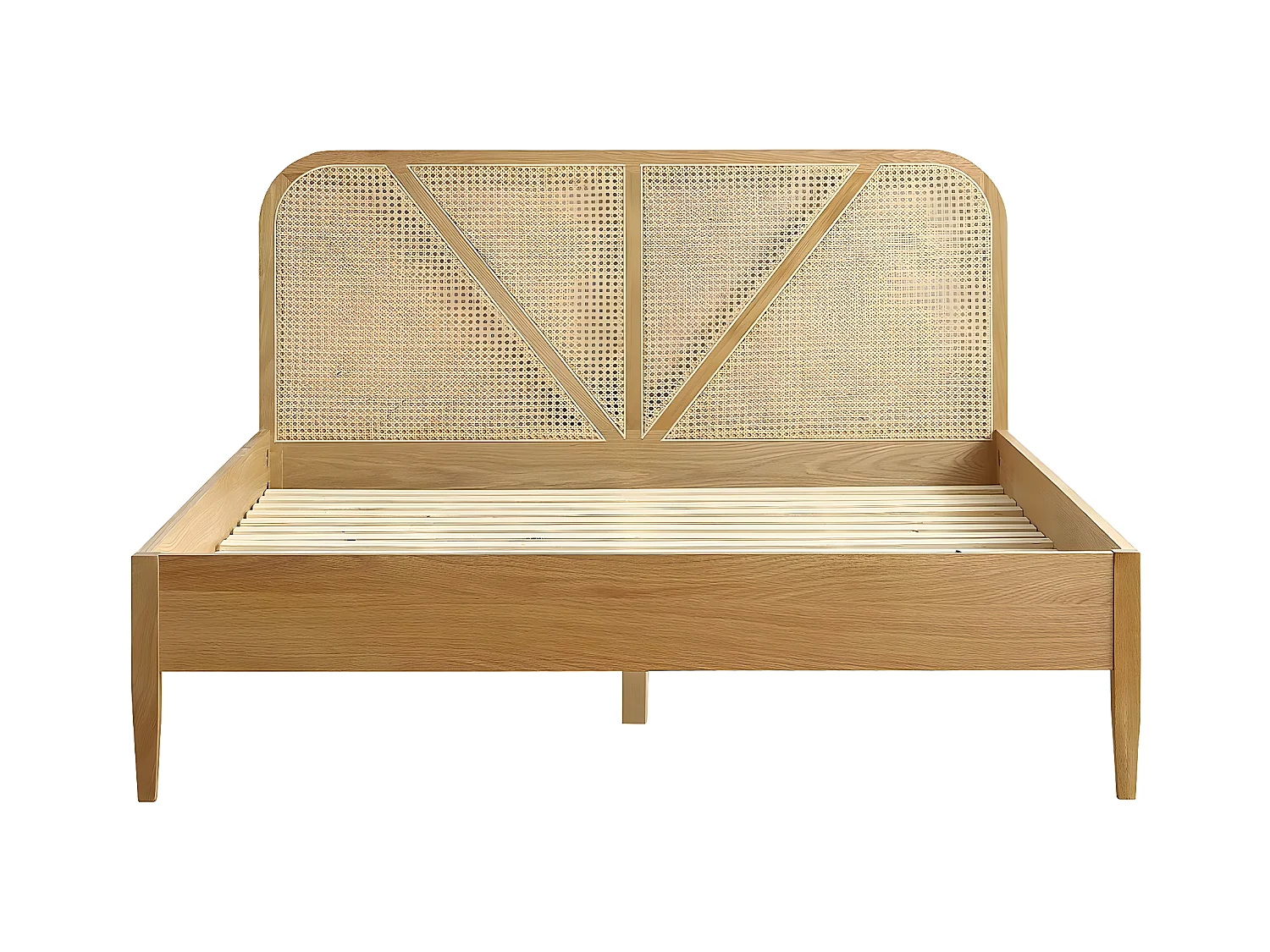 Lit adulte 140x190 cm en placage chêne avec tête de lit en bois massif et cannage naturel - Leonie