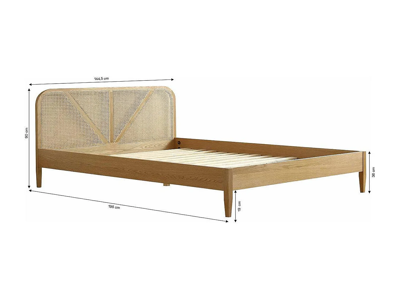Lit adulte 140x190 cm en placage chêne avec tête de lit en bois massif et cannage naturel - Leonie