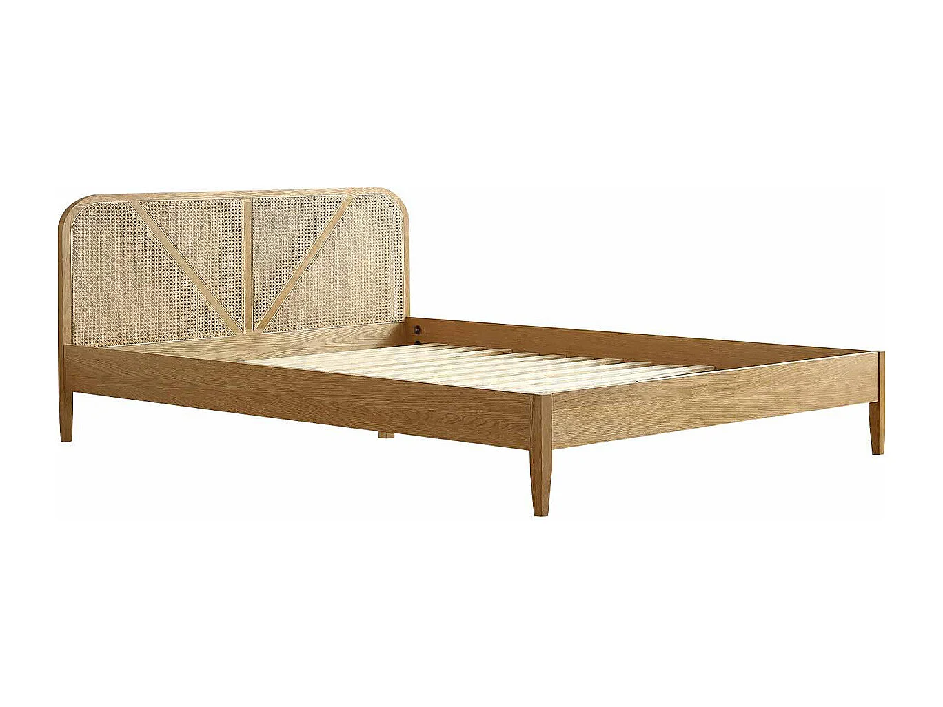 Lit adulte 140x190 cm en placage chêne avec tête de lit en bois massif et cannage naturel - Leonie