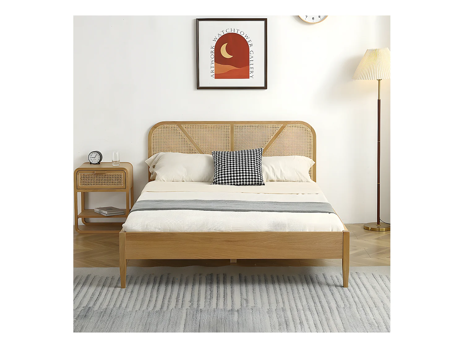 Lit adulte 160x200 cm en placage chêne avec tête de lit en bois massif et cannage naturel - Leonie