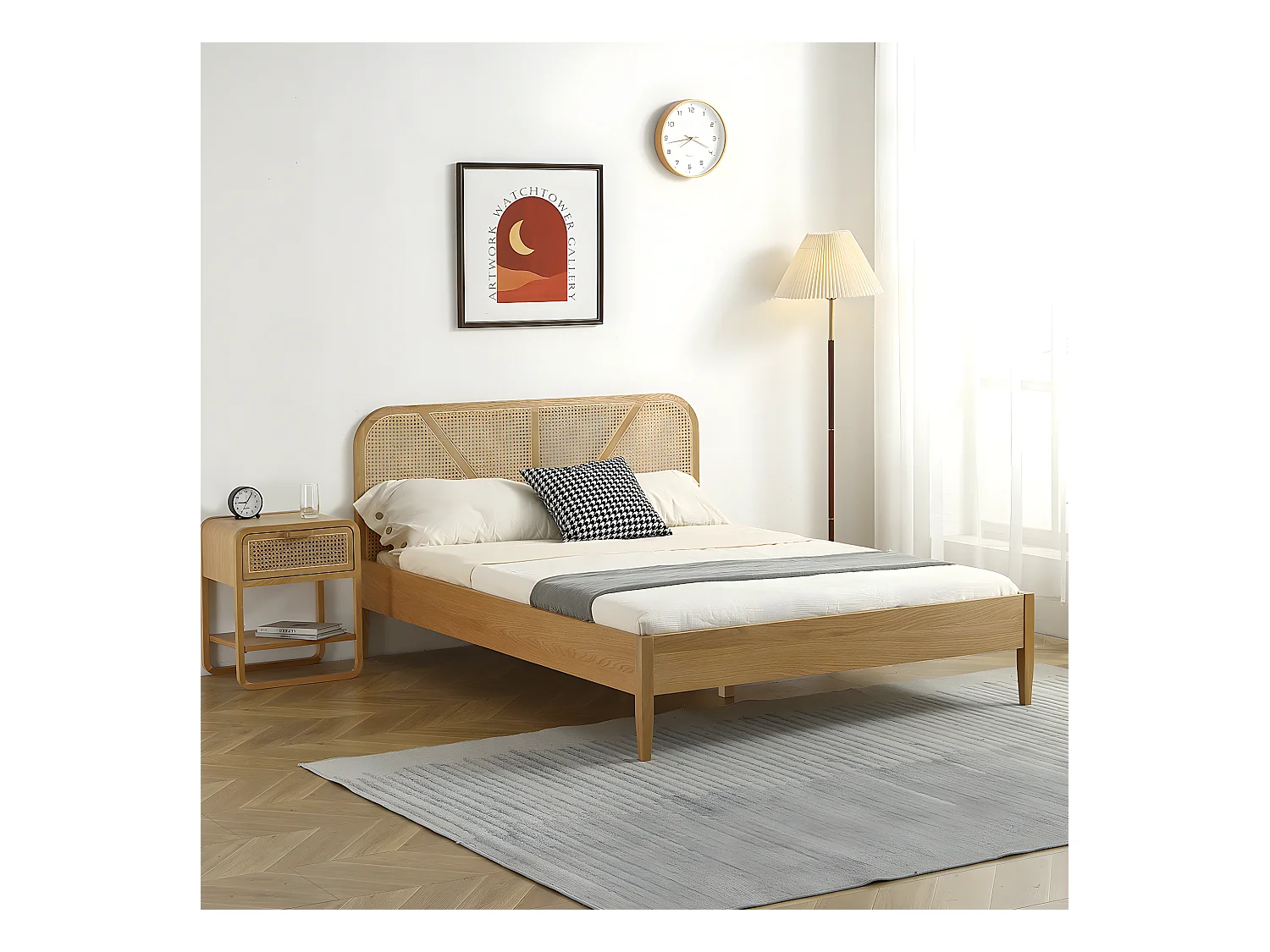 Lit adulte 160x200 cm en placage chêne avec tête de lit en bois massif et cannage naturel - Leonie