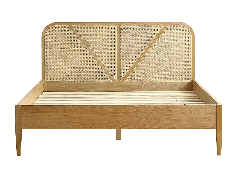 Lit adulte 160x200 cm en placage chêne avec tête de lit en bois massif et cannage naturel - Leonie