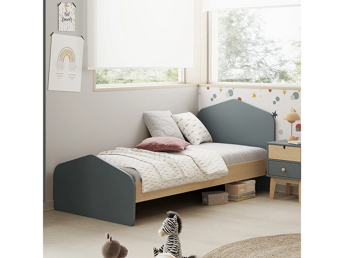 Lit enfant 90x190 cm avec tête de lit en bois vert kaki - Lucy