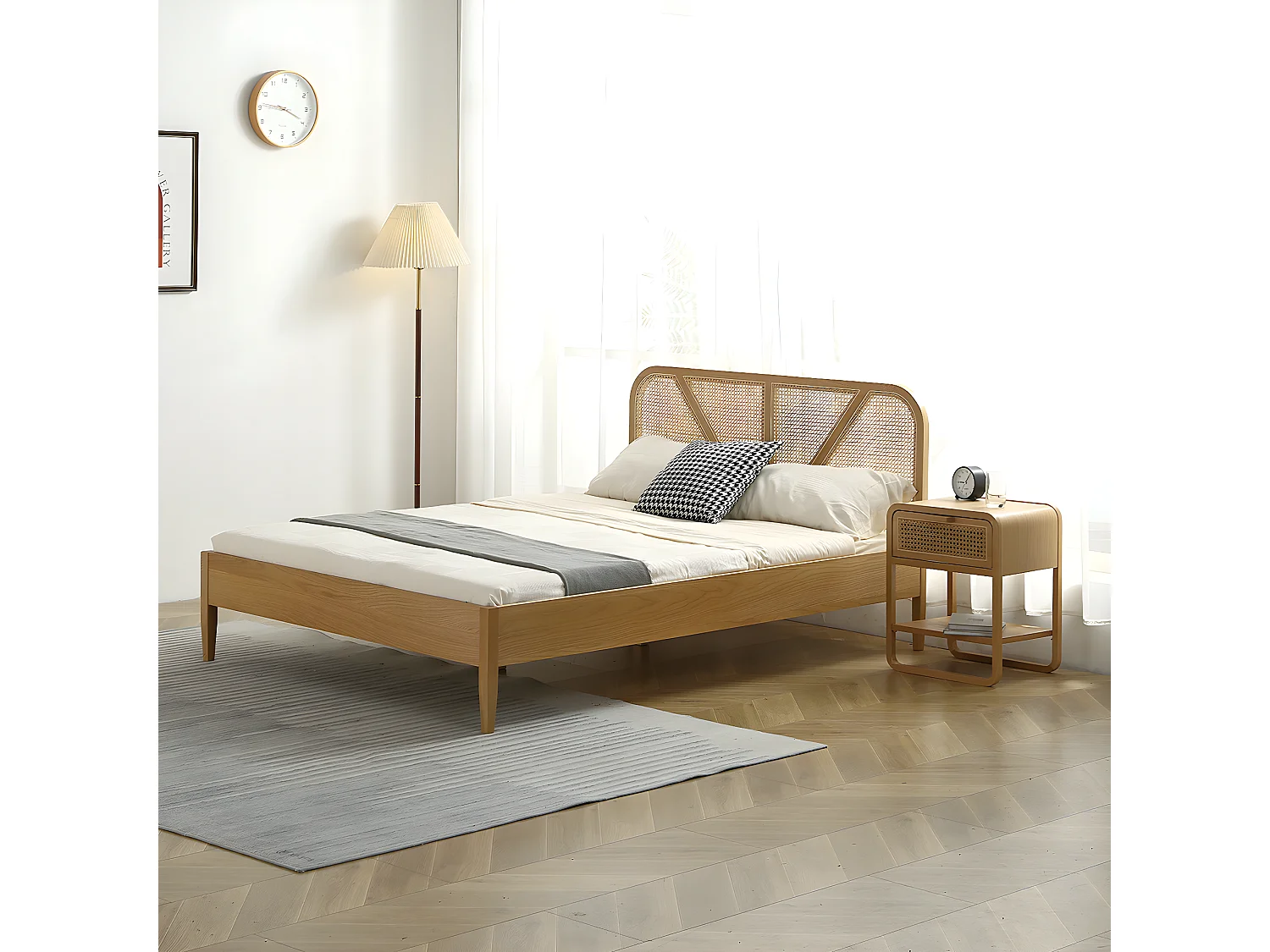 Lit adulte 180x200 cm en placage chêne avec tête de lit en bois massif et cannage naturel - Leonie