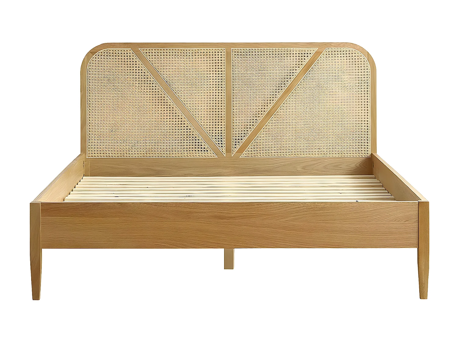 Lit adulte 180x200 cm en placage chêne avec tête de lit en bois massif et cannage naturel - Leonie