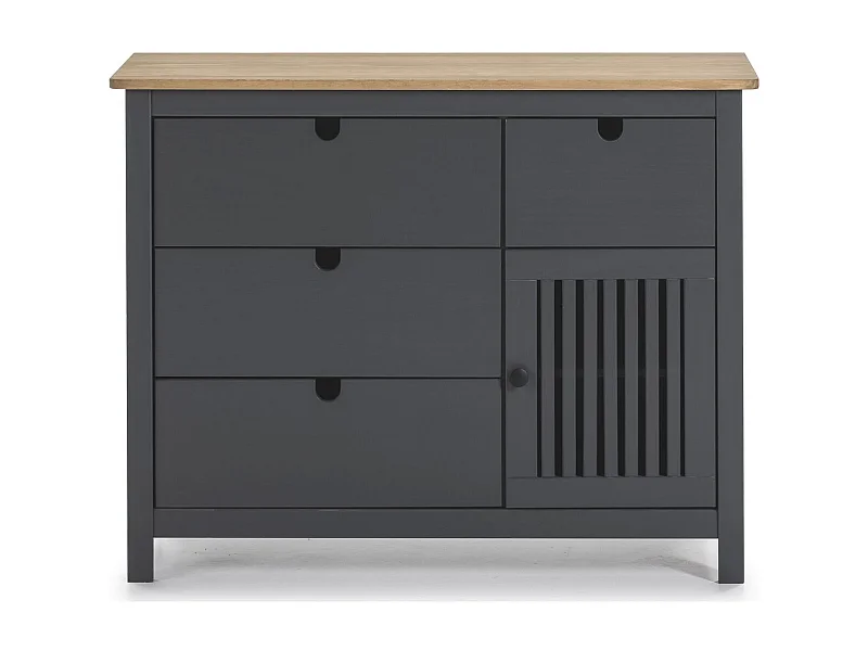 Commode 1 porte 4 tiroirs en pin massif gris anthracite 100 cm - Fabia