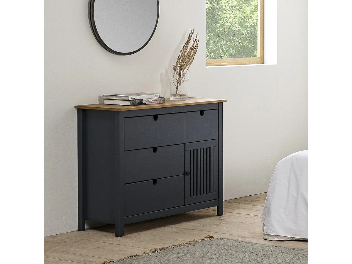 Commode 1 porte 4 tiroirs en pin massif gris anthracite 100 cm - Fabia
