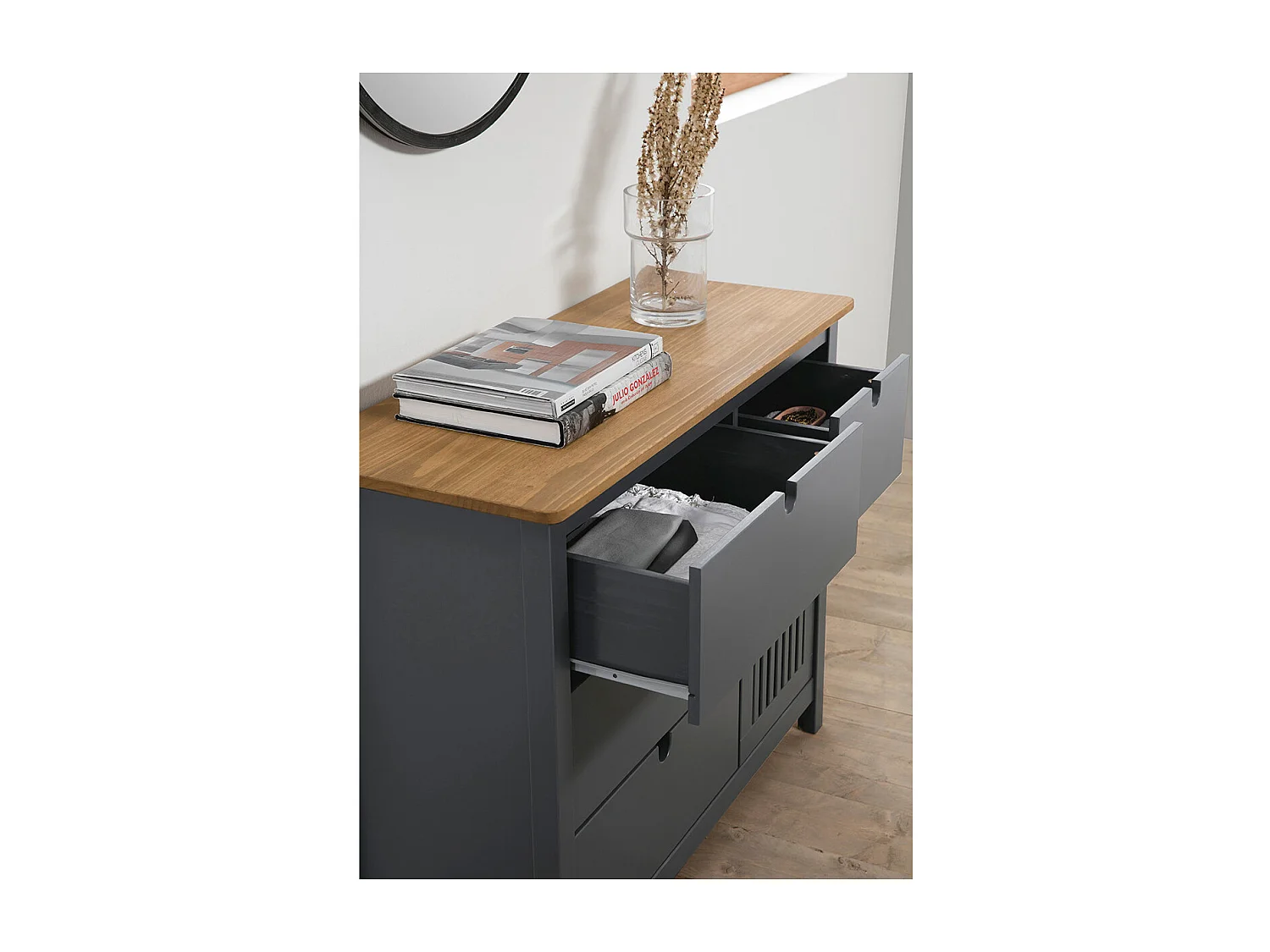 Commode 1 porte 4 tiroirs en pin massif gris anthracite 100 cm - Fabia