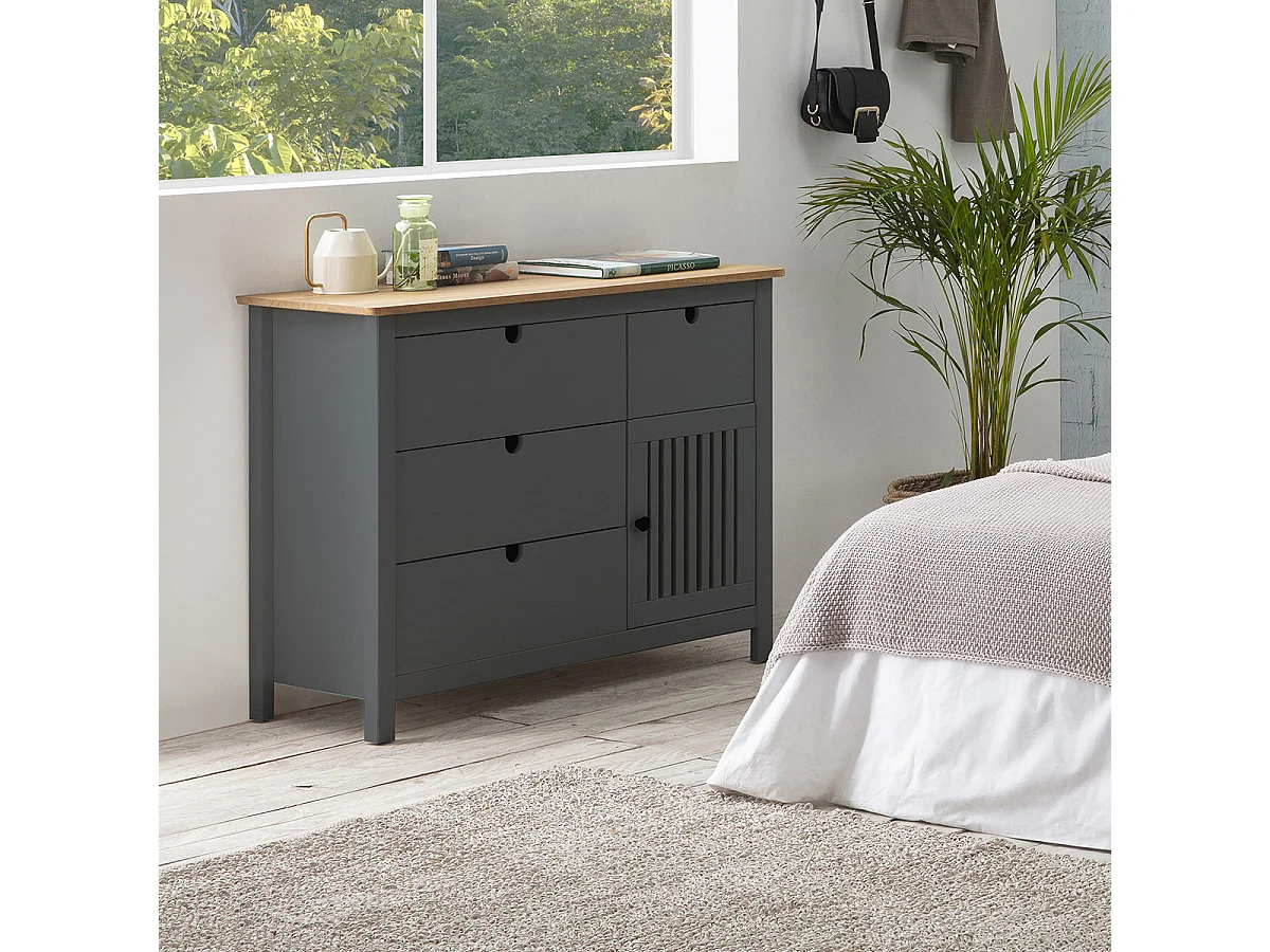 Commode 1 porte 4 tiroirs en pin massif gris anthracite 100 cm - Fabia