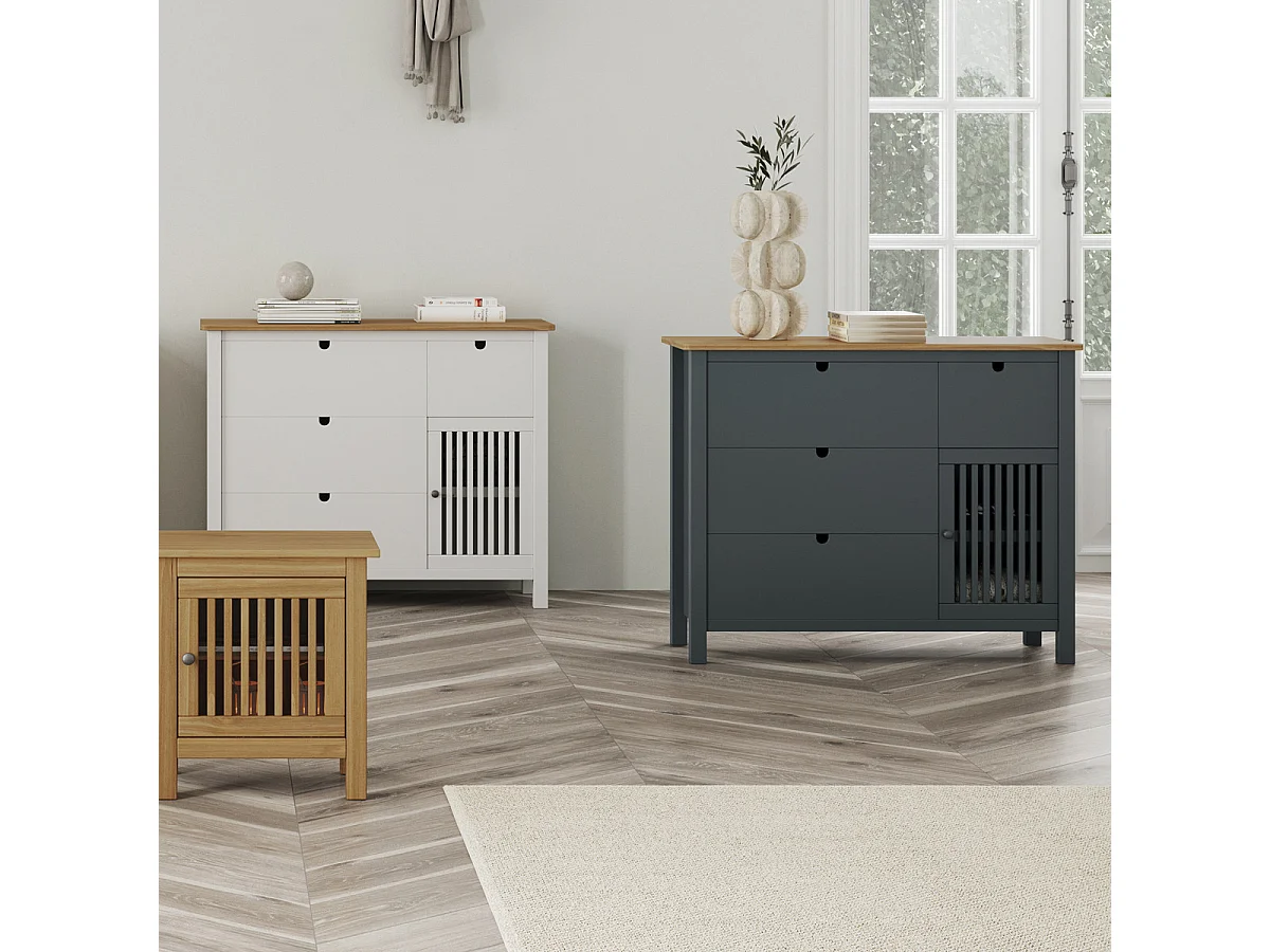 Commode 1 porte 4 tiroirs en pin massif gris anthracite 100 cm - Fabia