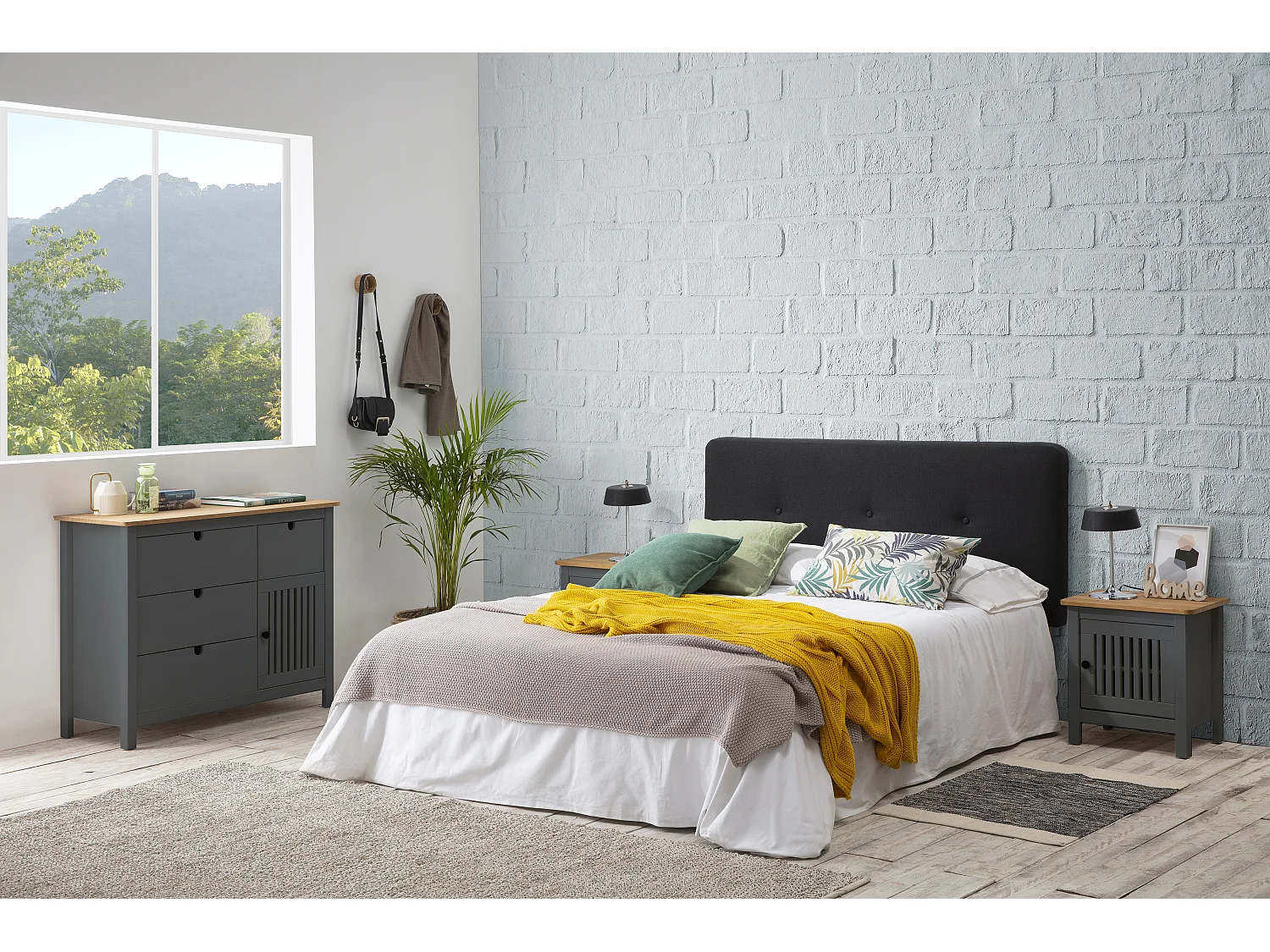 Commode 1 porte 4 tiroirs en pin massif gris anthracite 100 cm - Fabia