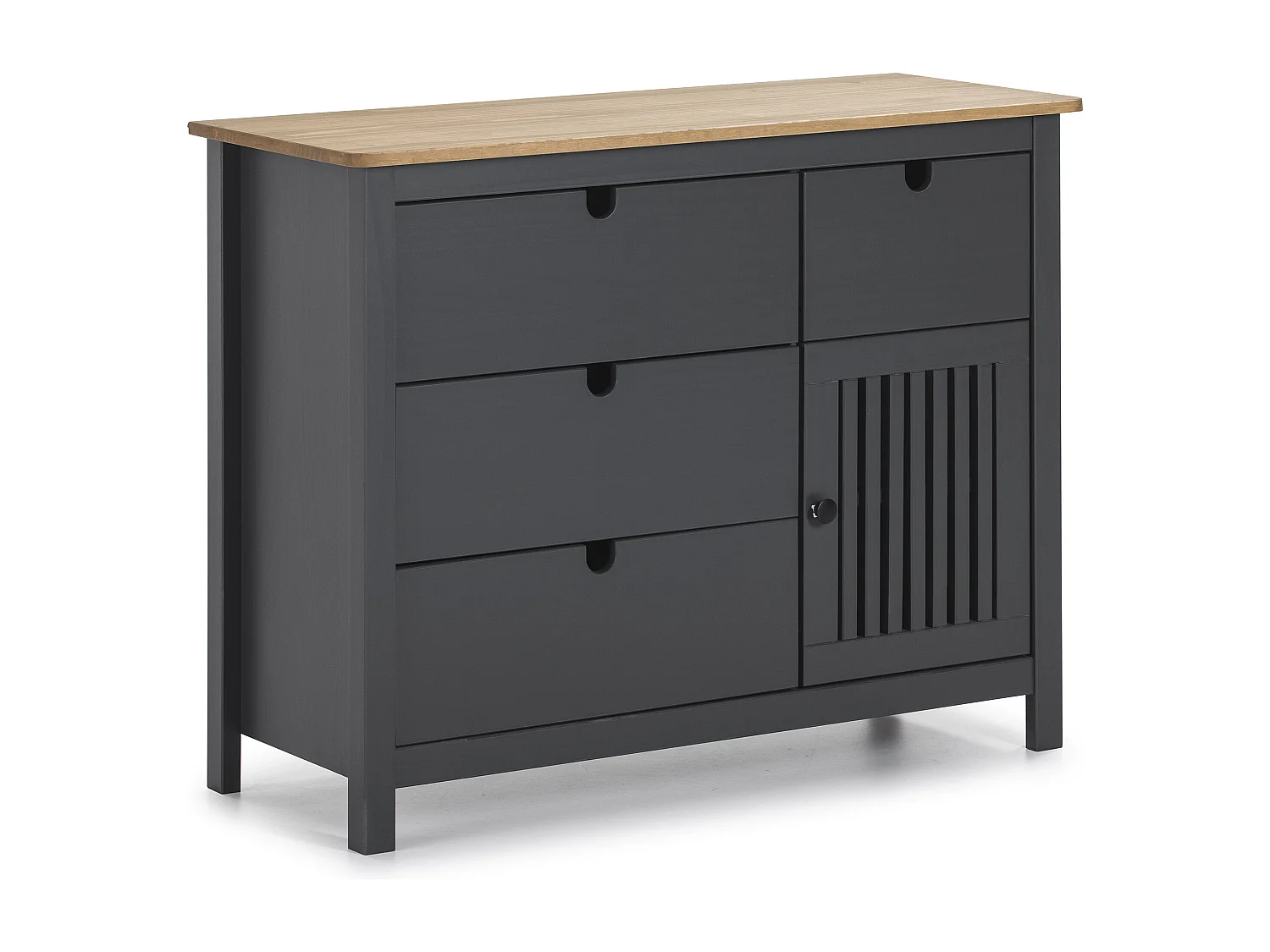 Commode 1 porte 4 tiroirs en pin massif gris anthracite 100 cm - Fabia