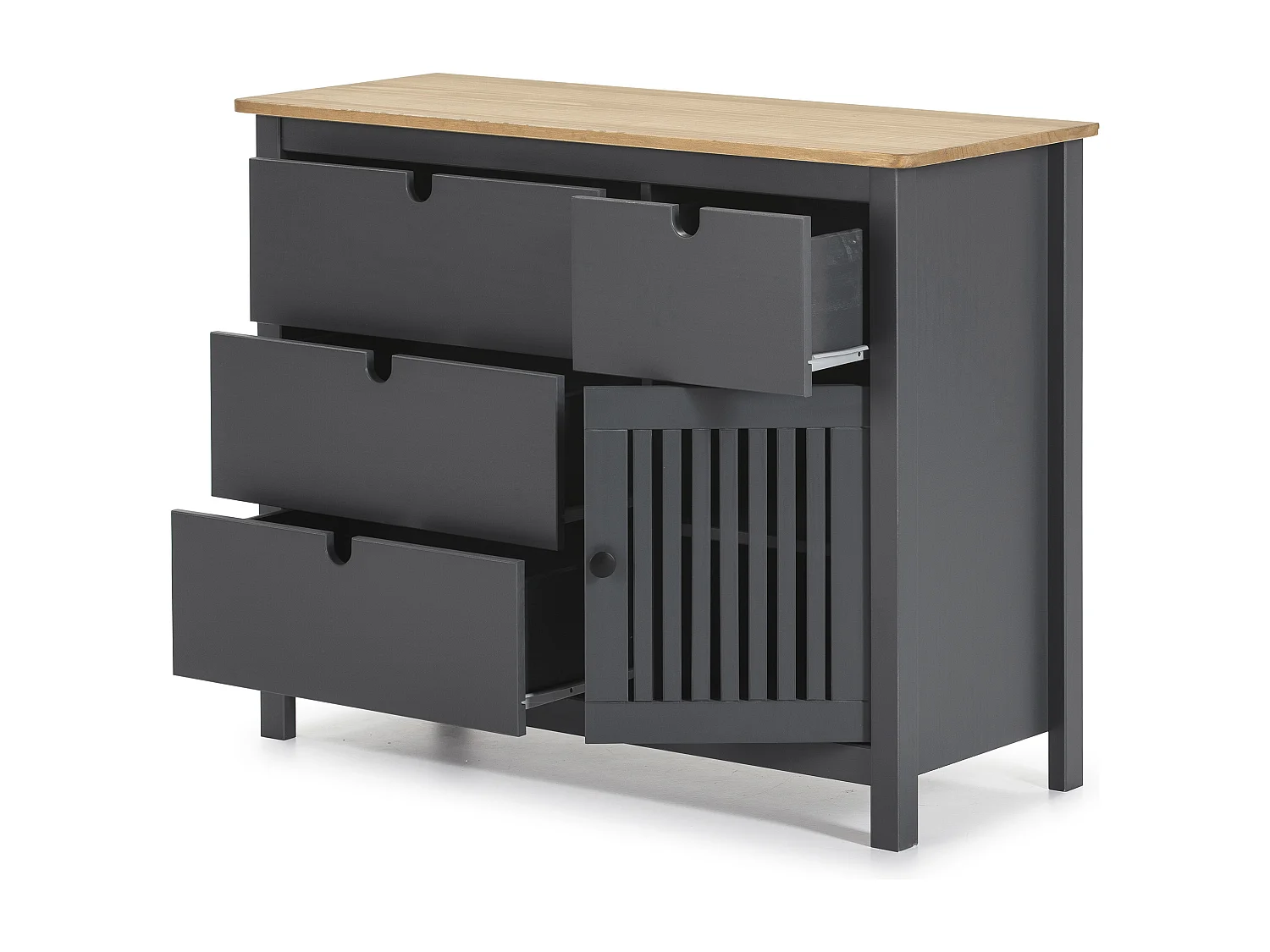 Commode 1 porte 4 tiroirs en pin massif gris anthracite 100 cm - Fabia