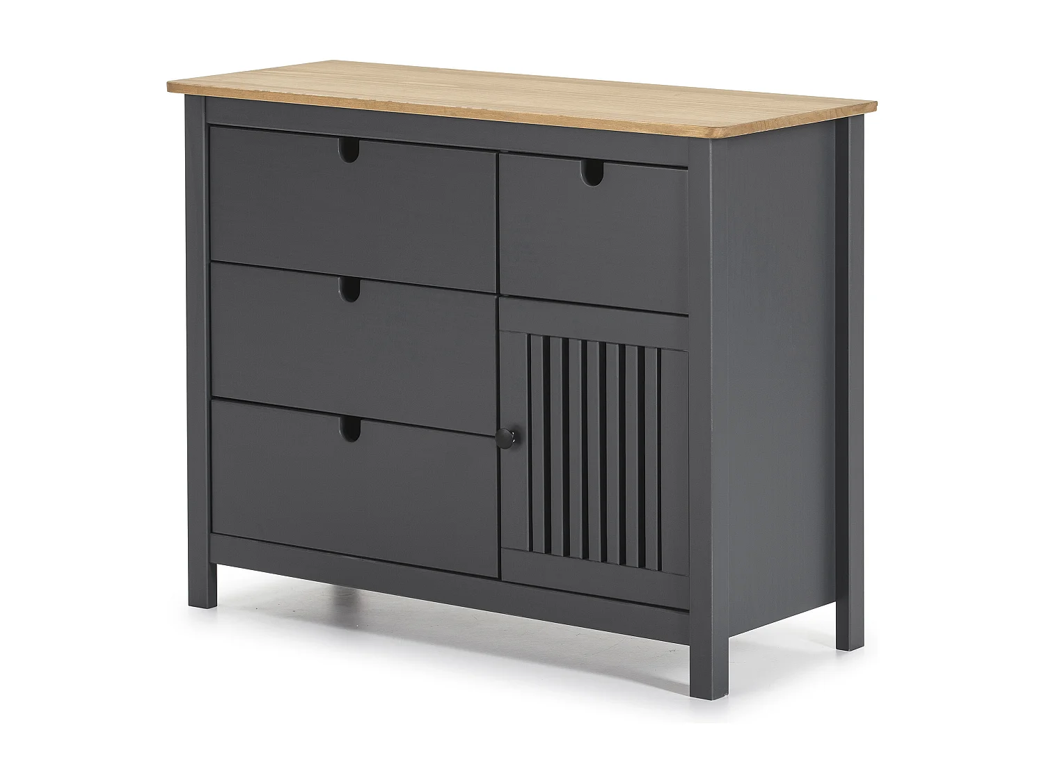 Commode 1 porte 4 tiroirs en pin massif gris anthracite 100 cm - Fabia
