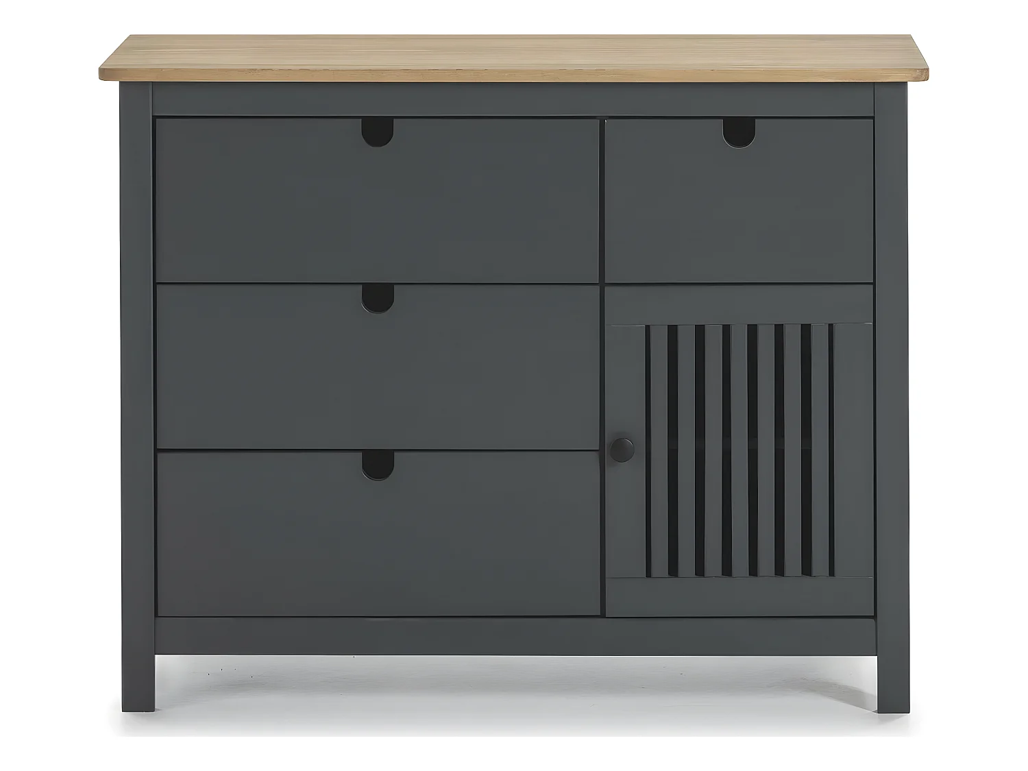 Commode 1 porte 4 tiroirs en pin massif gris anthracite 100 cm - Fabia