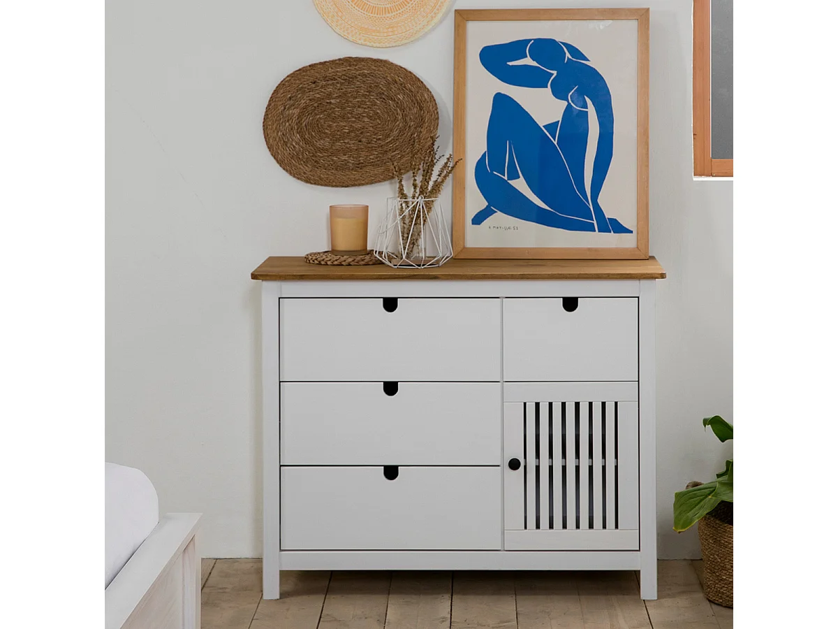 Commode 1 porte 4 tiroirs en pin massif blanc 100 cm - Fabia