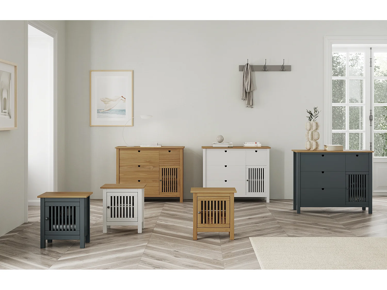 Commode 1 porte 4 tiroirs en pin massif blanc 100 cm - Fabia