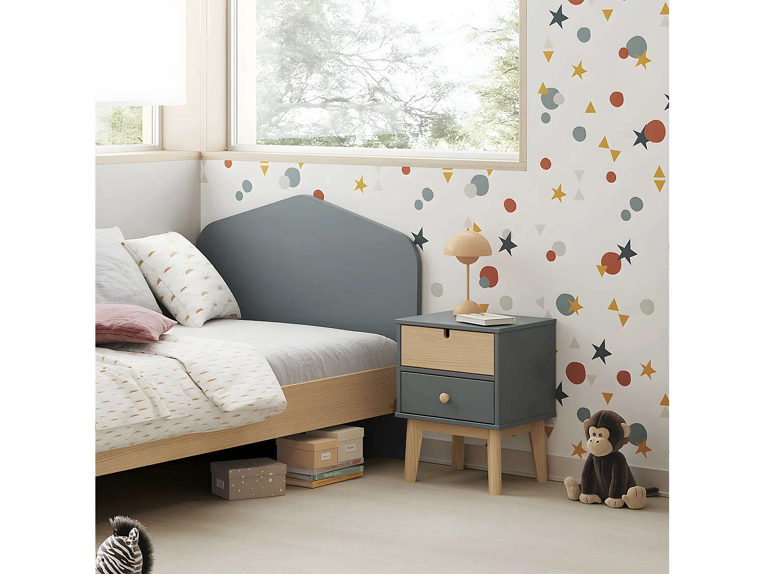 Table de chevet 2 tiroirs blanc / vert kaki - Lucy