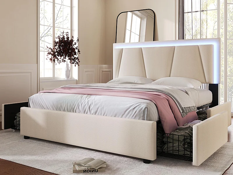 Polsterbett 140x200cm in Leinen – mit 2 Schubladen + LED + Lattenrost – Beige