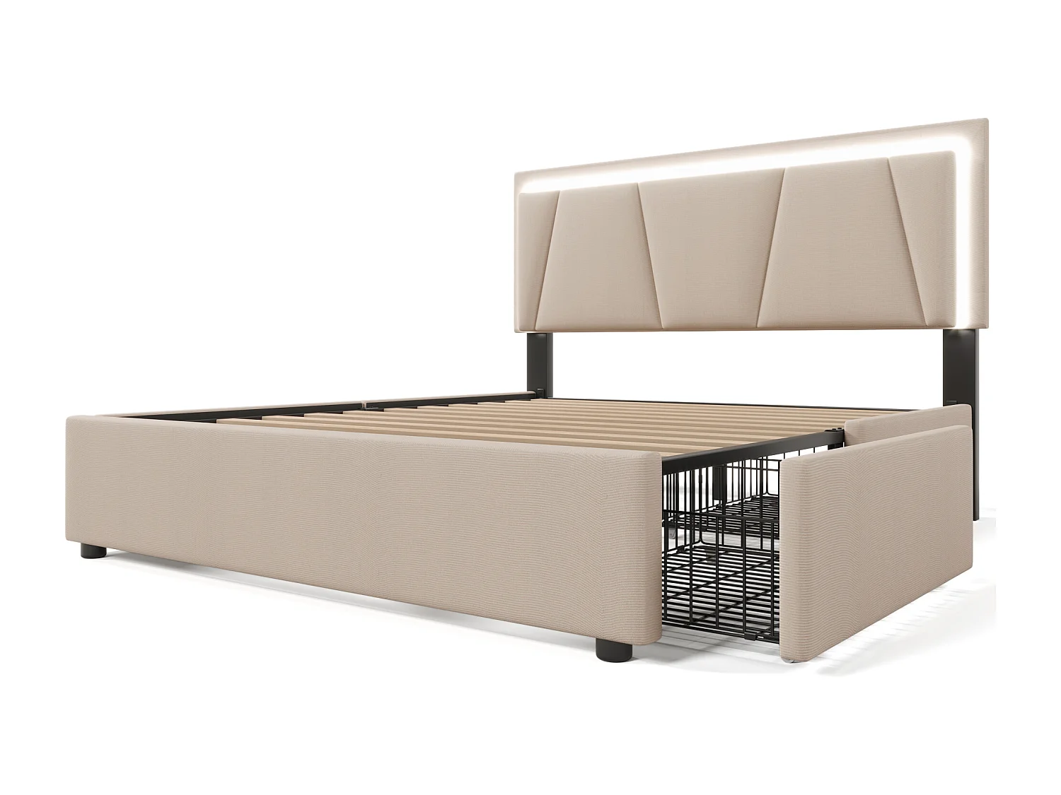 Letto imbottito 140x200 cm in lino - con 2 cassetti + LED + rete a doghe - Beige