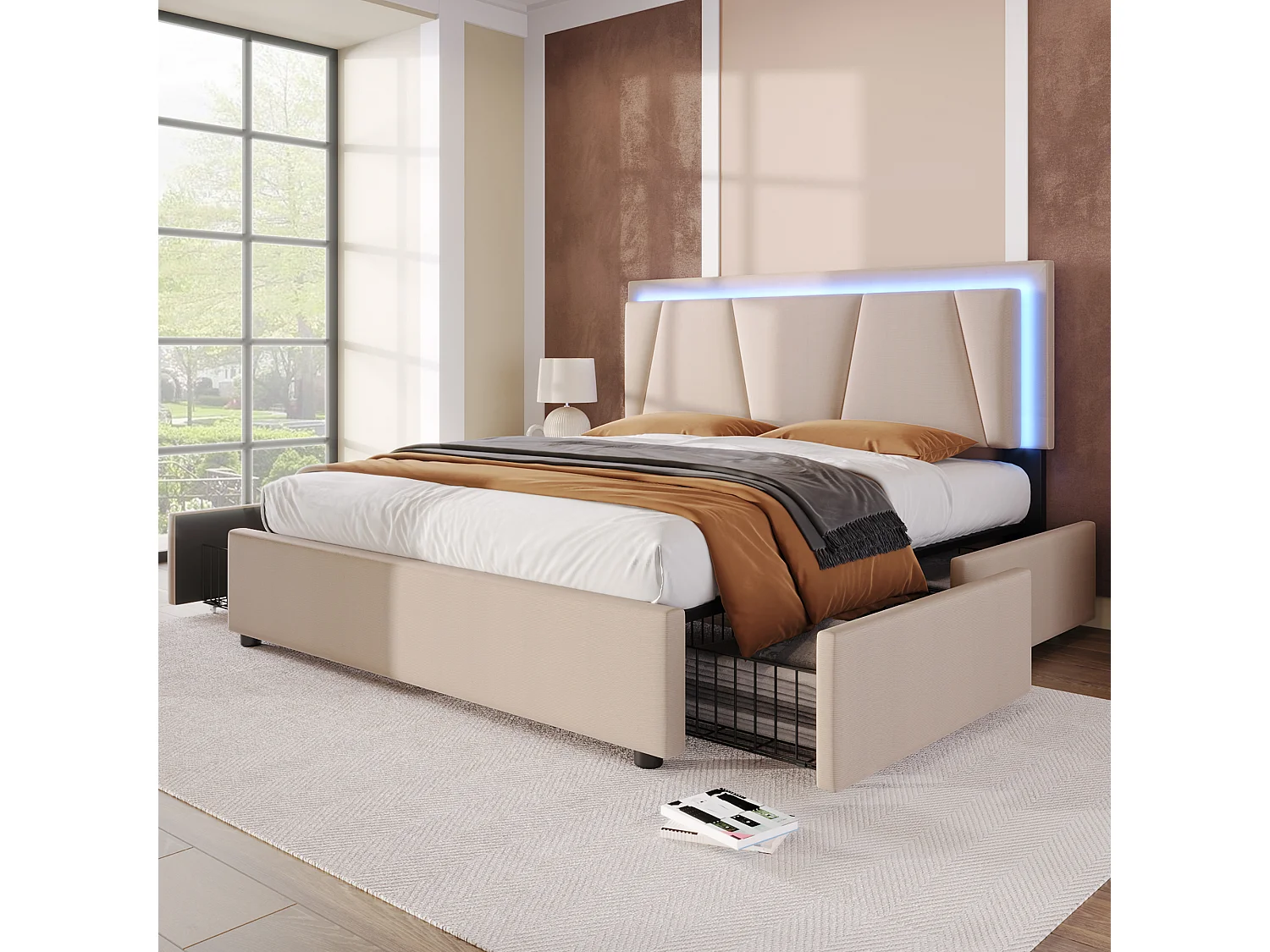 Cama tapizada 140x200cm en lino - con 2 cajones + LED + somier - Beige