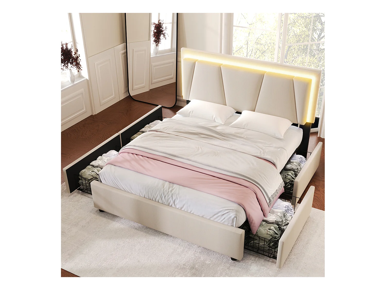 Cama tapizada 140x200cm en lino - con 2 cajones + LED + somier - Beige
