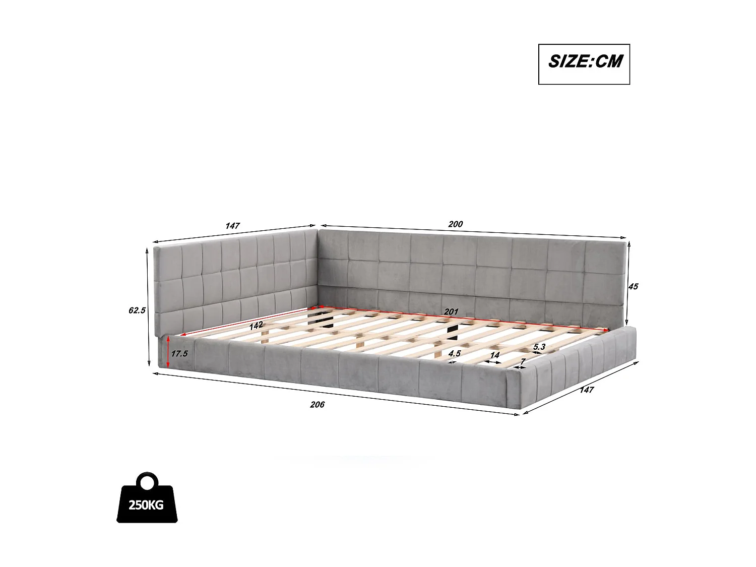 Lit adulte 140x200cm en velours avec clôture et sommier à lattes - Gris