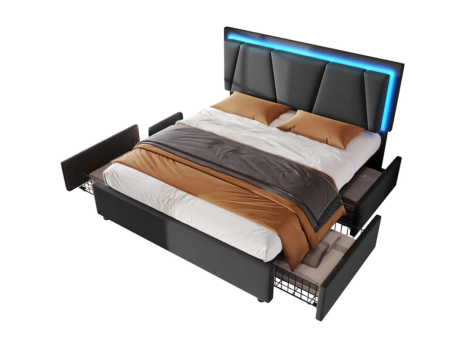 Gestoffeerd bed 160x200cm in linnen - met 2 lades + LED + lattenbodem - Grijs