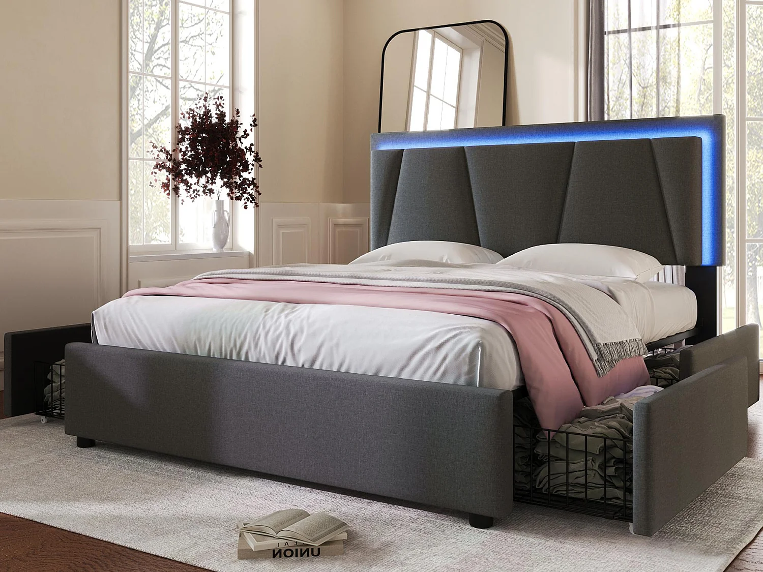 Lit Double 160x200 Cm Avec Rangements Coffre Et LED - Tête De Lit Haute, Ports USB/Type-C, Sans Matelas