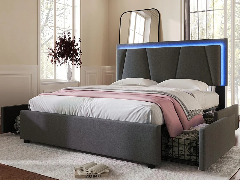 Gestoffeerd bed 140x200cm in linnen - met 2 lades + LED + lattenbodem - Grijs