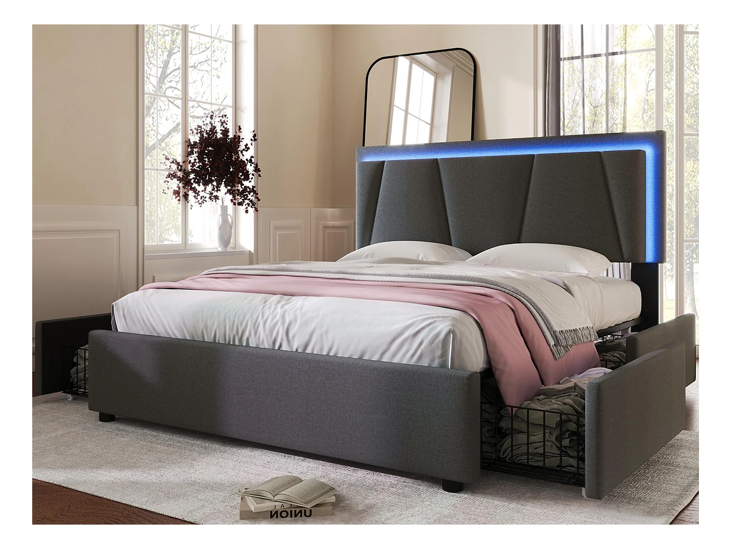 Gestoffeerd bed 140x200cm in linnen - met 2 lades + LED + lattenbodem - Grijs