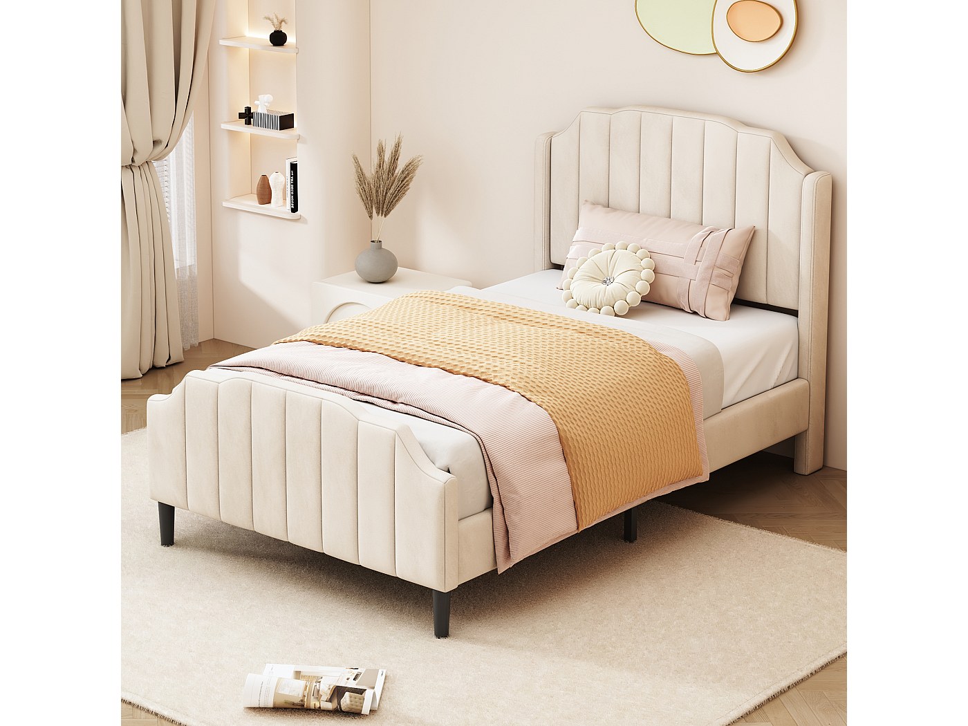 Lit Enfant 90x200 BTM - Tête De Lit Coquillage Velours Beige, Sommier Lattes