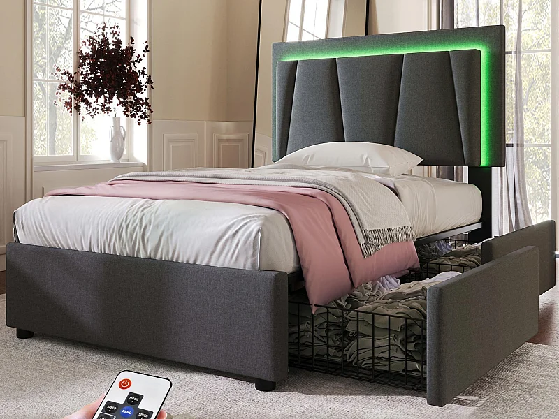 Polsterbett 90x200cm in Leinen – mit 2 Schubladen + LED + Lattenrost – Grau